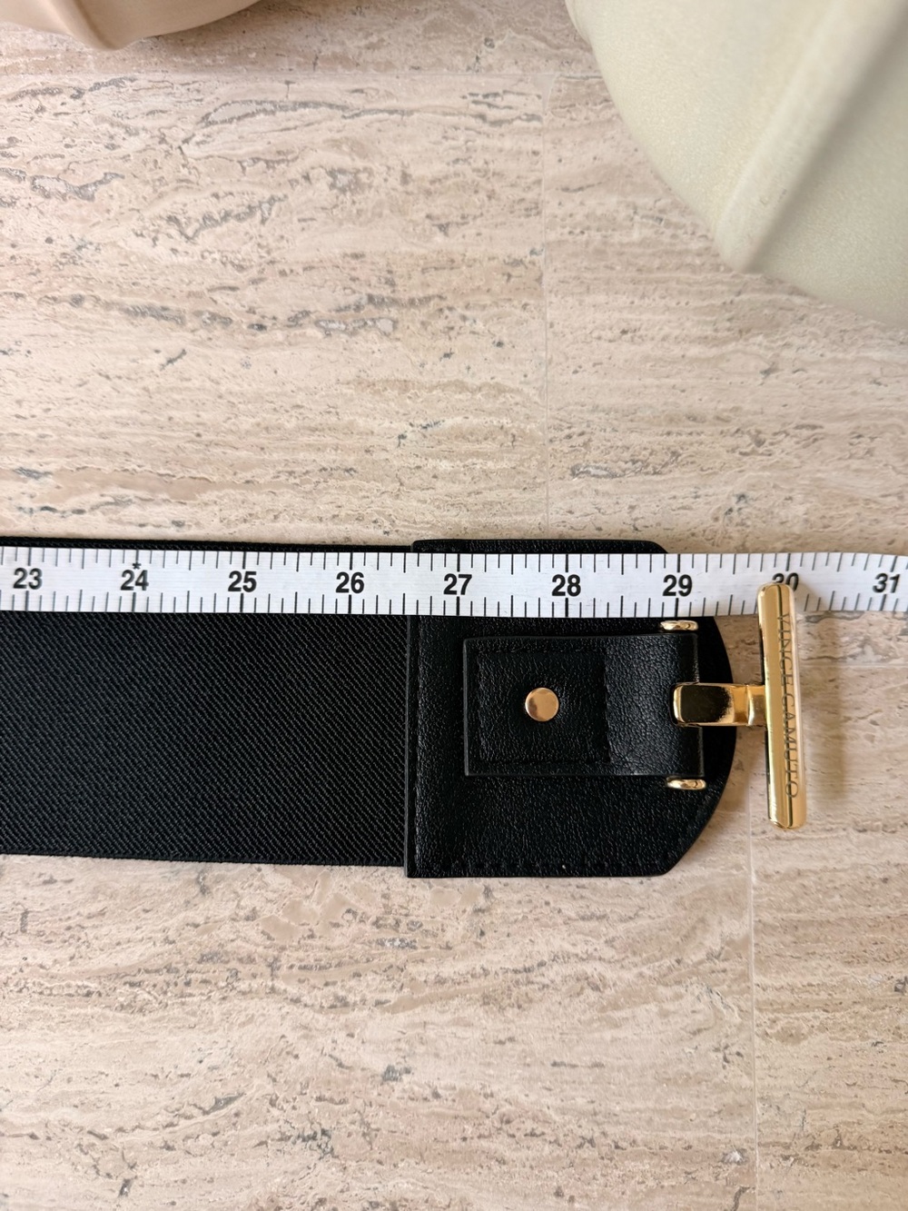 Vince Camuto Black Elastic Belt with Gold Ring Hardware - Picture 7 of 7